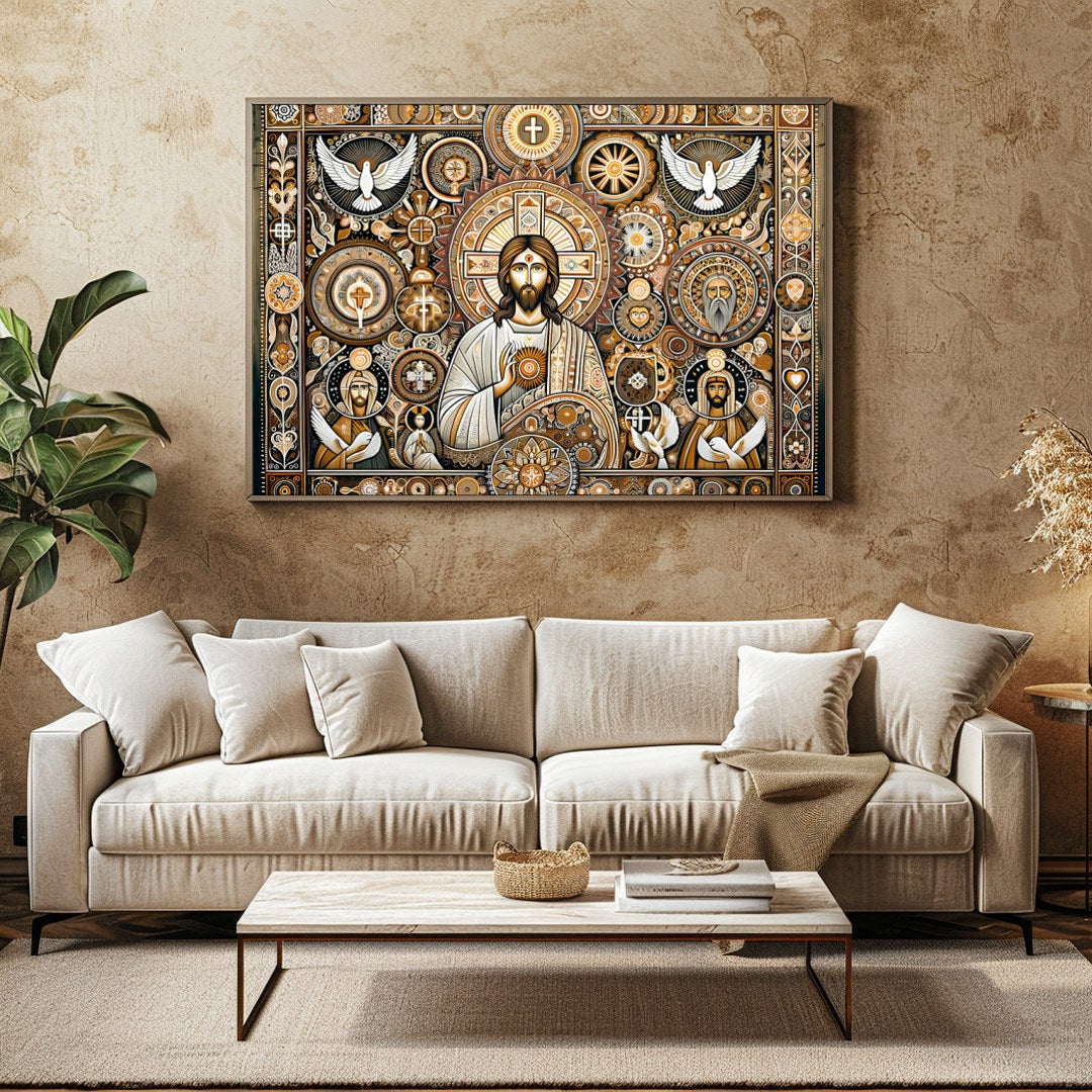 This captivating artwork weaves traditional religious iconography with intricate patterns and a for Family Room