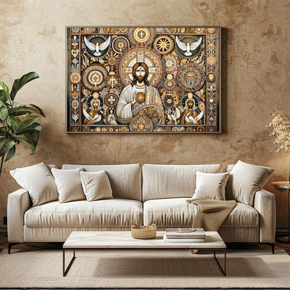 This captivating artwork weaves traditional religious iconography with intricate patterns and a for Family Room