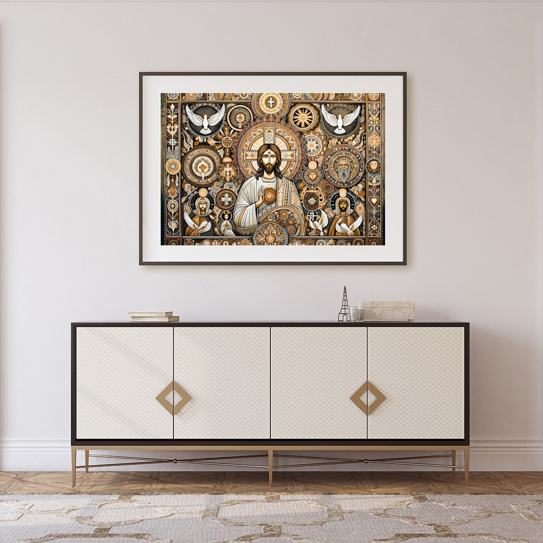 This captivating artwork weaves traditional religious iconography with intricate patterns and a for Foyer