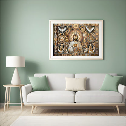 This captivating artwork weaves traditional religious iconography with intricate patterns and a for Hall