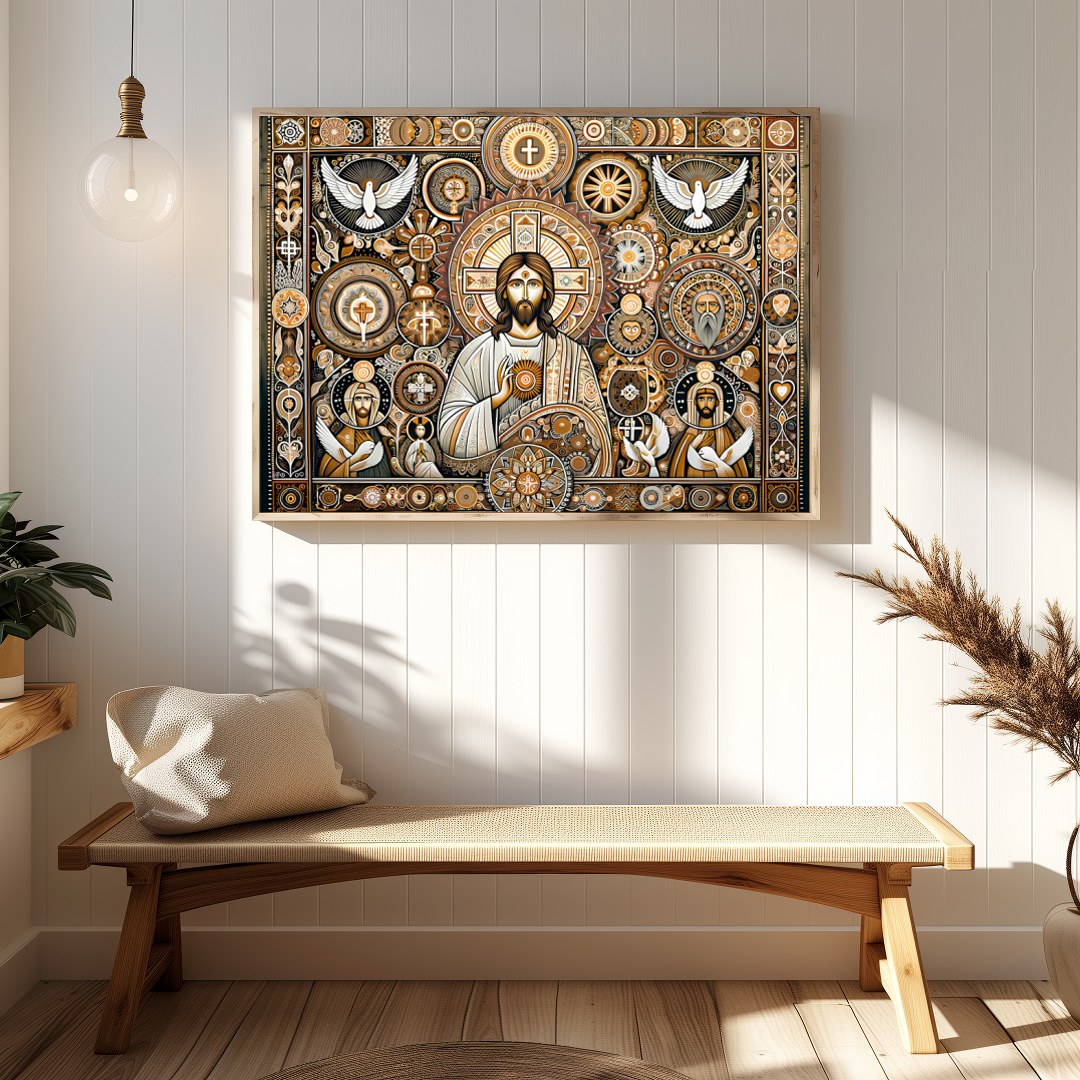 This captivating artwork weaves traditional religious iconography with intricate patterns and a for Hallway