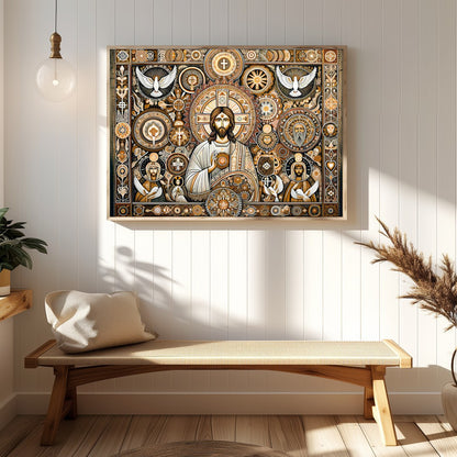 This captivating artwork weaves traditional religious iconography with intricate patterns and a for Hallway