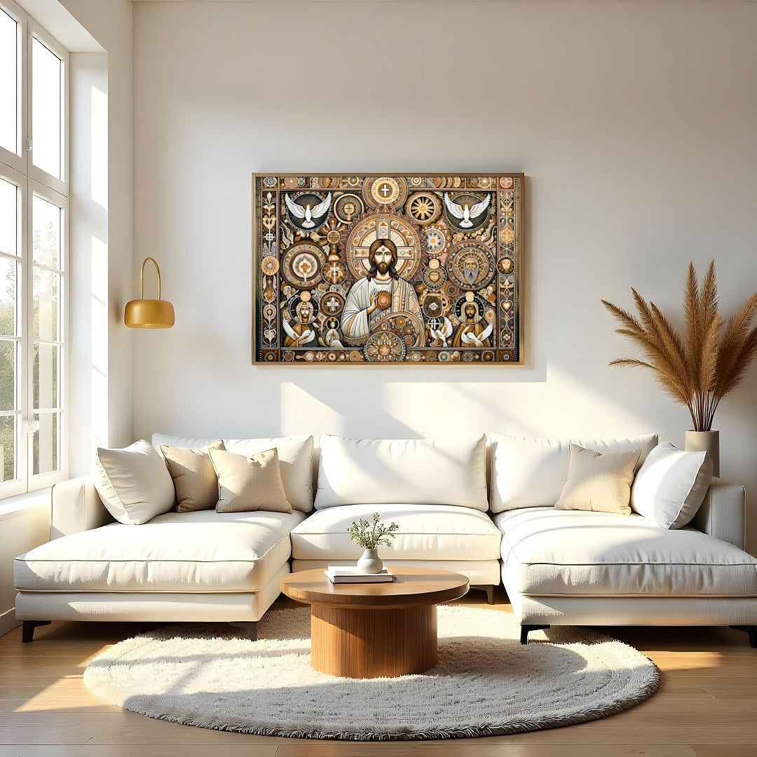 This captivating artwork weaves traditional religious iconography with intricate patterns and a for Living Room
