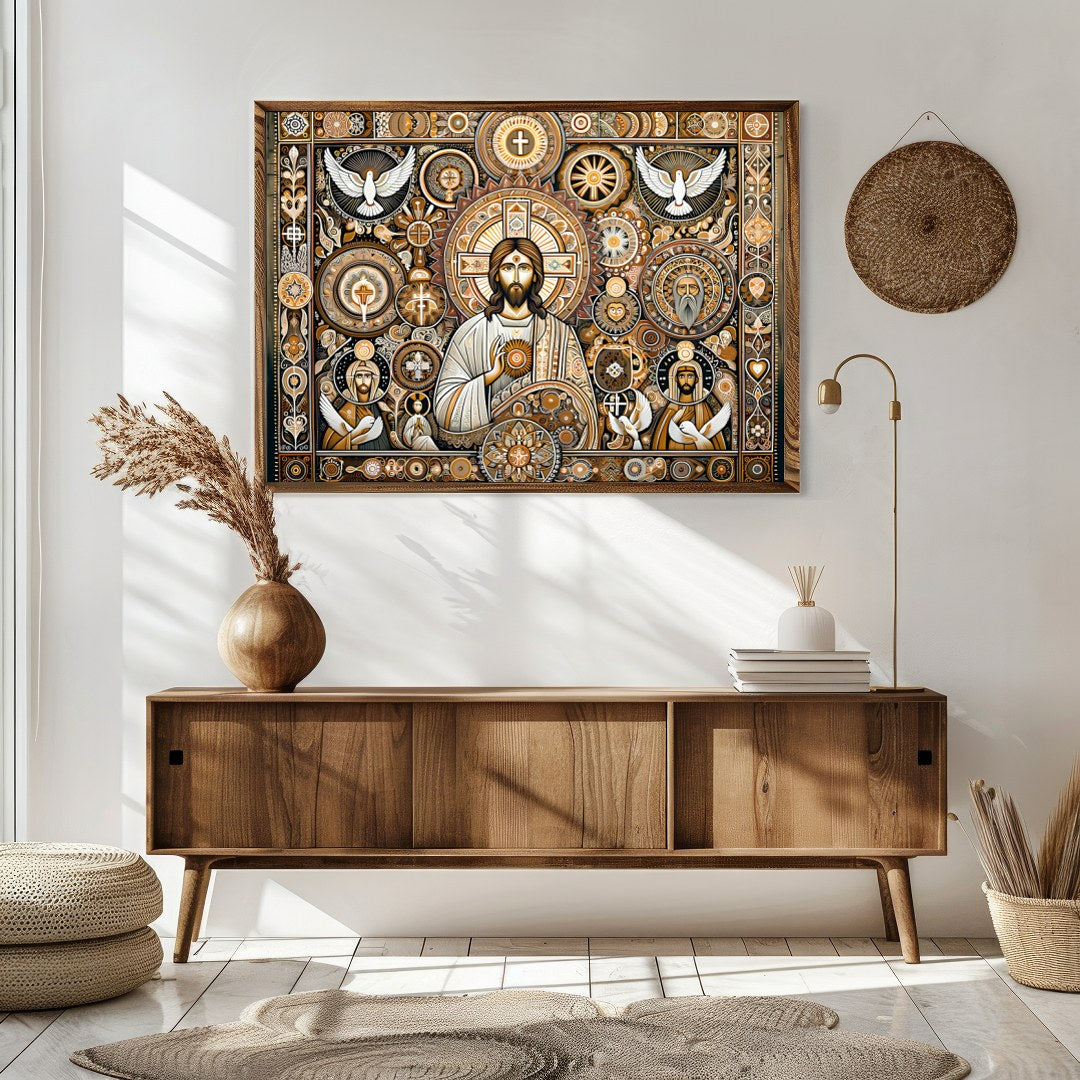This captivating artwork weaves traditional religious iconography with intricate patterns and a for Sitting Area