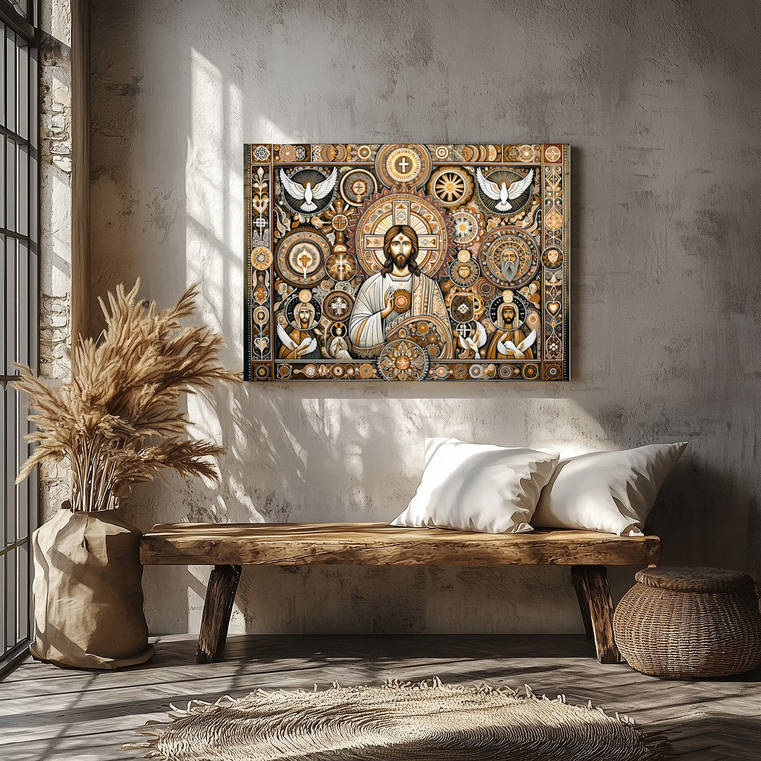 This captivating artwork weaves traditional religious iconography with intricate patterns and a for Veranda