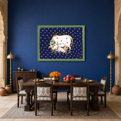 Immerse your space in the serene elegance of the 'Sacred Kamdhenu and Calf in Midnight Flora' for Dining