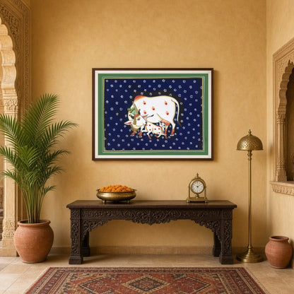Immerse your space in the serene elegance of the 'Sacred Kamdhenu and Calf in Midnight Flora' for Entrance