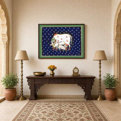 Immerse your space in the serene elegance of the 'Sacred Kamdhenu and Calf in Midnight Flora' for Hallway