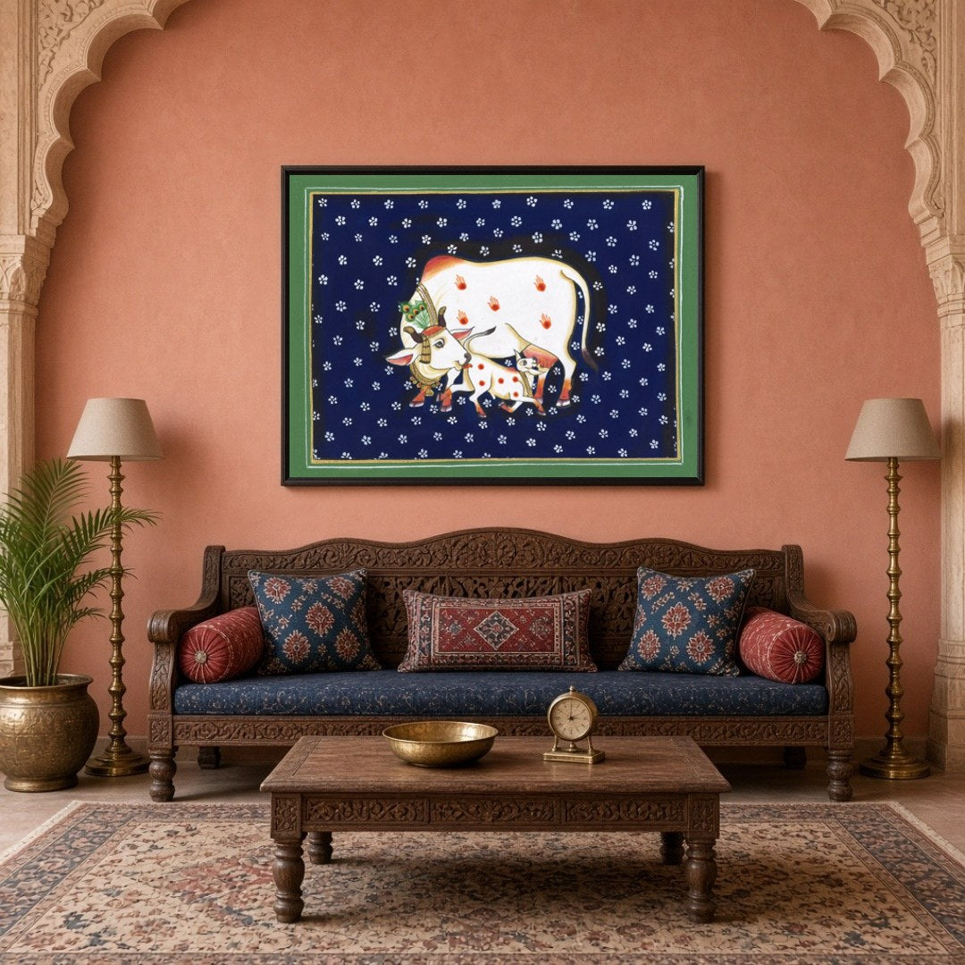 Immerse your space in the serene elegance of the 'Sacred Kamdhenu and Calf in Midnight Flora' for Living Room