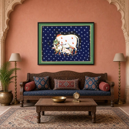 Immerse your space in the serene elegance of the 'Sacred Kamdhenu and Calf in Midnight Flora' for Living Room