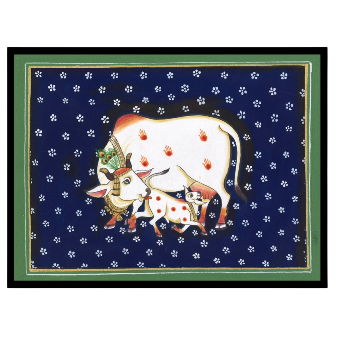 Immerse your space in the serene elegance of the 'Sacred Kamdhenu and Calf in Midnight Flora' for loft
