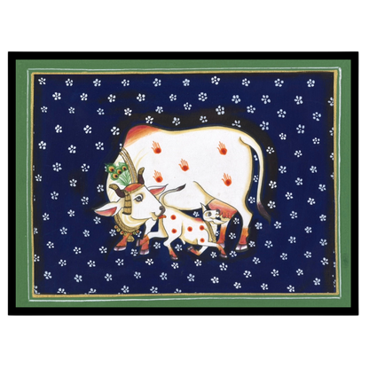 Immerse your space in the serene elegance of the 'Sacred Kamdhenu and Calf in Midnight Flora' for loft