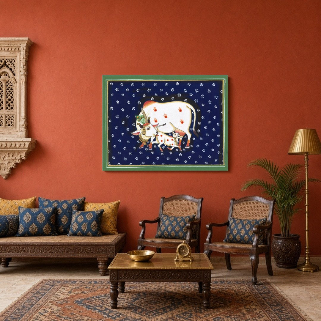 Immerse your space in the serene elegance of the 'Sacred Kamdhenu and Calf in Midnight Flora' for Sitting Area