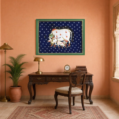 Immerse your space in the serene elegance of the 'Sacred Kamdhenu and Calf in Midnight Flora' for Study