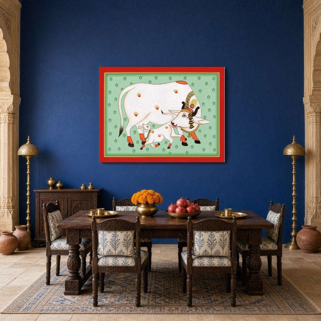 Discover the serene beauty of 'Sacred Kamdhenu and Calf: Pichwai Aura', a stunning piece that for Dining