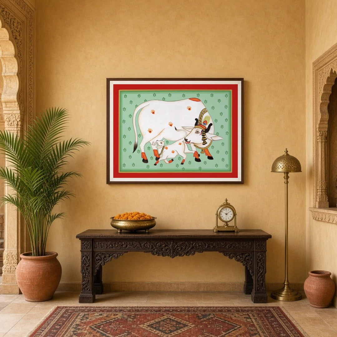 Discover the serene beauty of 'Sacred Kamdhenu and Calf: Pichwai Aura', a stunning piece that for Entrance