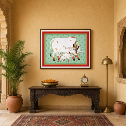Discover the serene beauty of 'Sacred Kamdhenu and Calf: Pichwai Aura', a stunning piece that for Entrance
