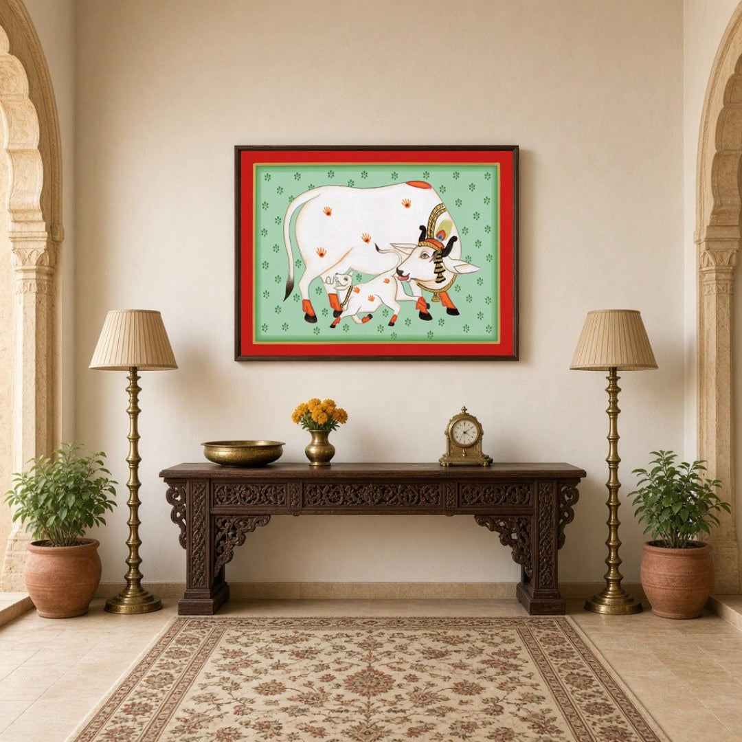 Discover the serene beauty of 'Sacred Kamdhenu and Calf: Pichwai Aura', a stunning piece that for Hallway