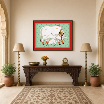 Discover the serene beauty of 'Sacred Kamdhenu and Calf: Pichwai Aura', a stunning piece that for Hallway