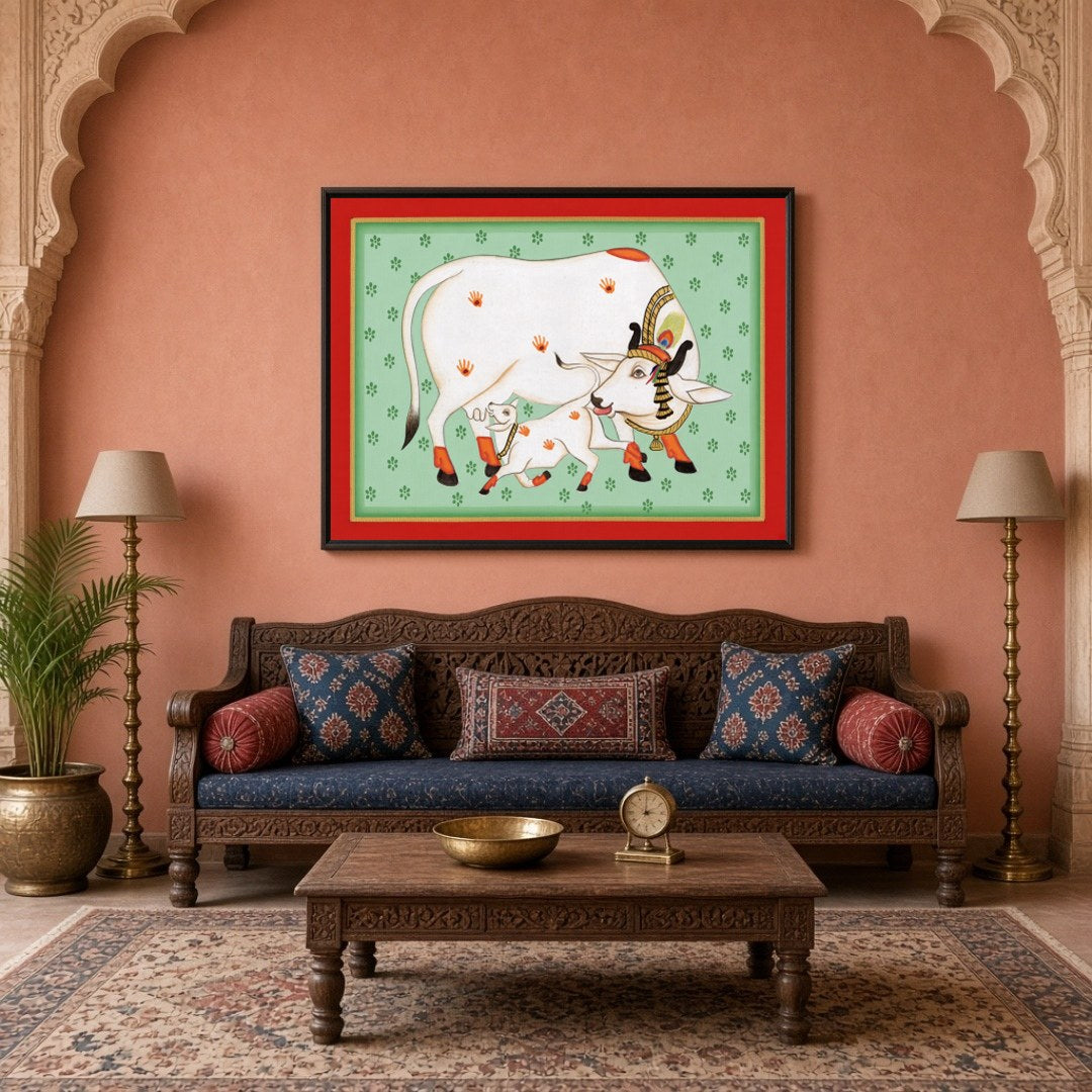 Discover the serene beauty of 'Sacred Kamdhenu and Calf: Pichwai Aura', a stunning piece that for Living Room
