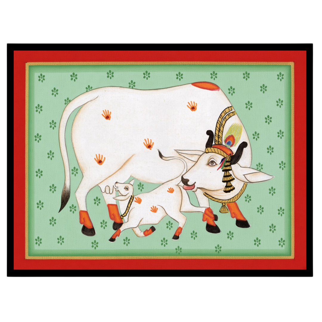 Discover the serene beauty of 'Sacred Kamdhenu and Calf: Pichwai Aura', a stunning piece that for nook