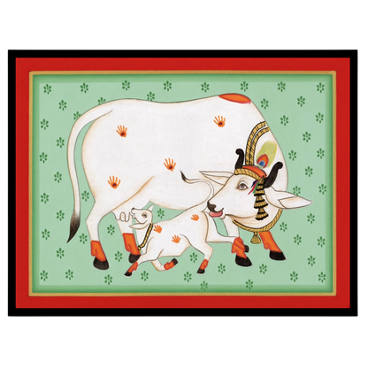 Discover the serene beauty of 'Sacred Kamdhenu and Calf: Pichwai Aura', a stunning piece that for nook