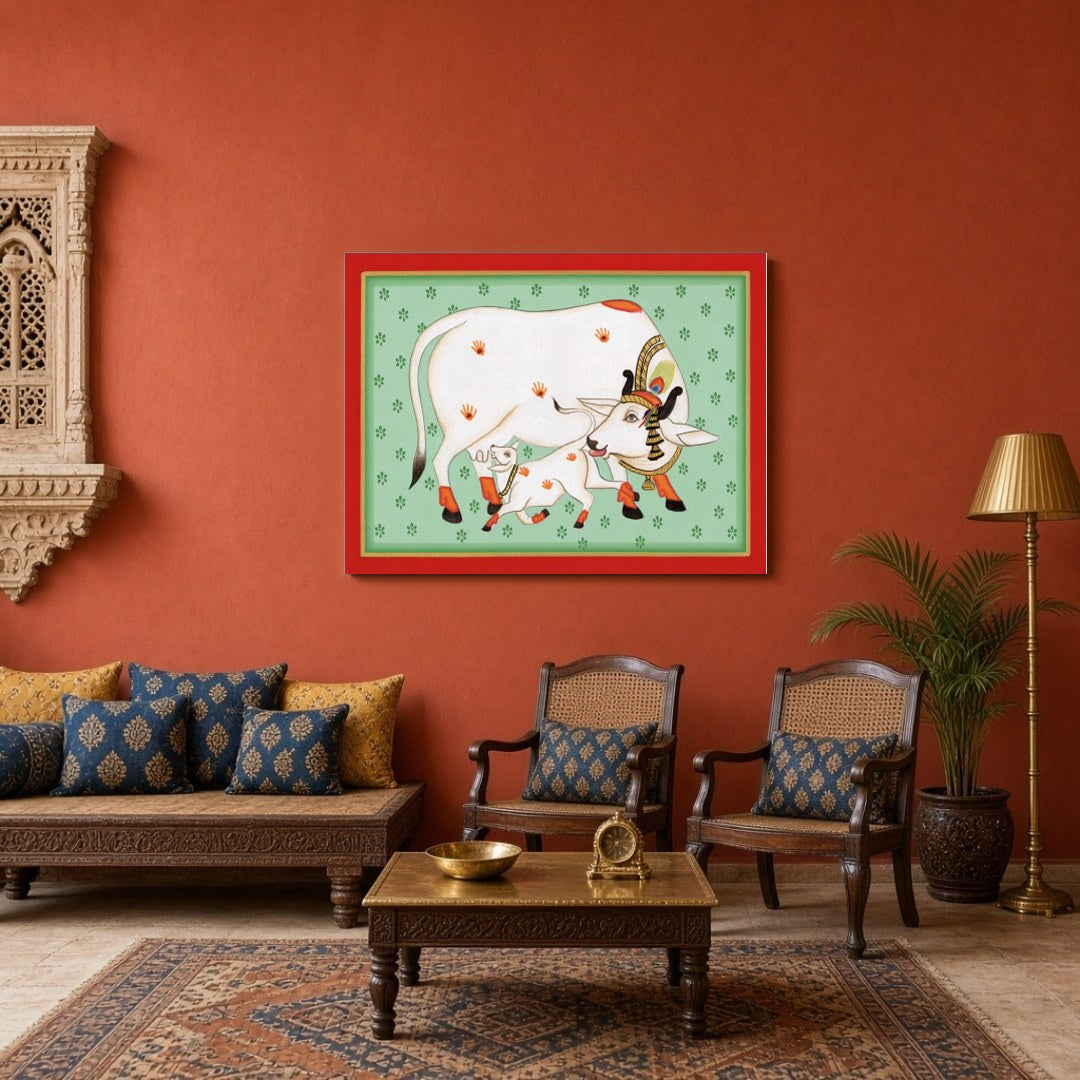 Discover the serene beauty of 'Sacred Kamdhenu and Calf: Pichwai Aura', a stunning piece that for Sitting Area
