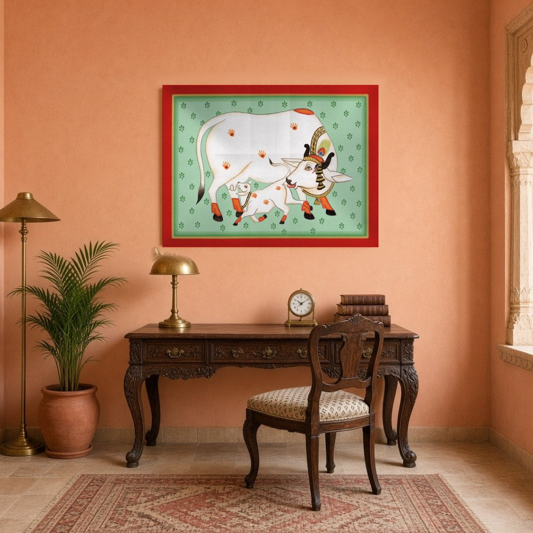 Discover the serene beauty of 'Sacred Kamdhenu and Calf: Pichwai Aura', a stunning piece that for Study