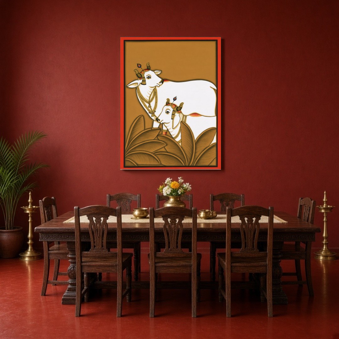 This exquisite Pichwai art print features the revered Kamdhenu cows, embodying traditions of for Dining