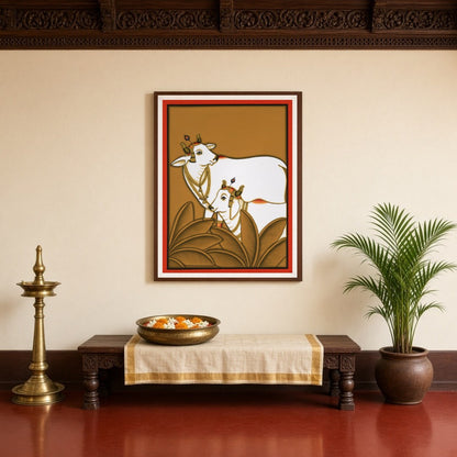 This exquisite Pichwai art print features the revered Kamdhenu cows, embodying traditions of for Entrance