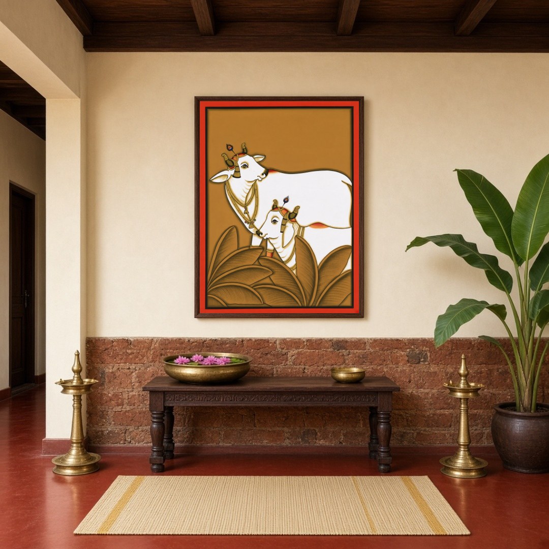 This exquisite Pichwai art print features the revered Kamdhenu cows, embodying traditions of for Hallway