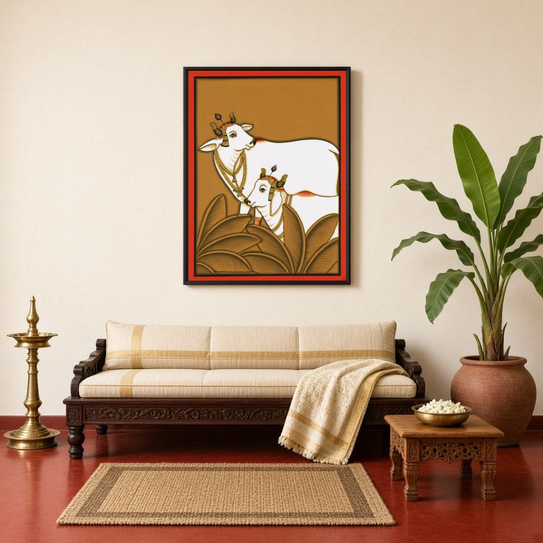 This exquisite Pichwai art print features the revered Kamdhenu cows, embodying traditions of for Living Room