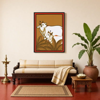 This exquisite Pichwai art print features the revered Kamdhenu cows, embodying traditions of for Living Room