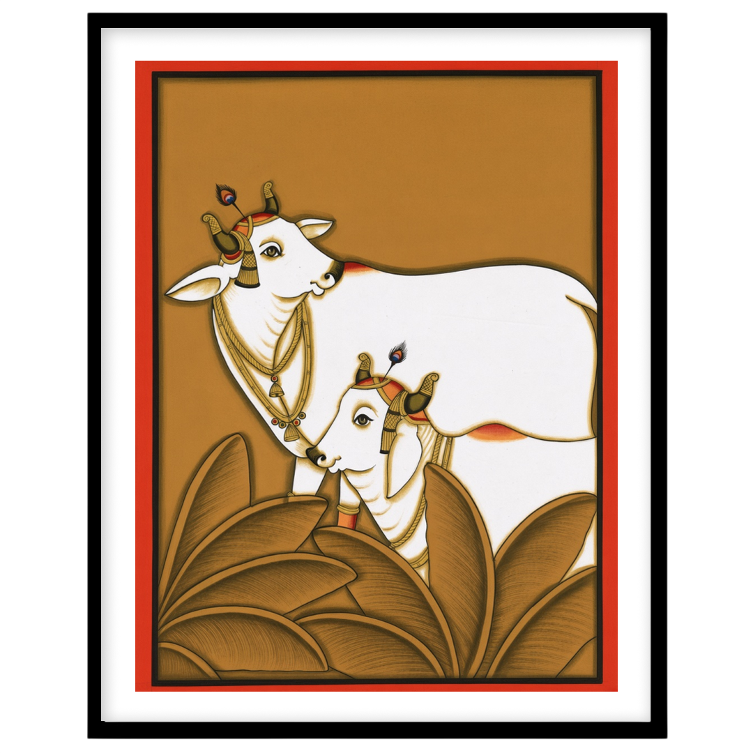 This exquisite Pichwai art print features the revered Kamdhenu cows, embodying traditions of for nook