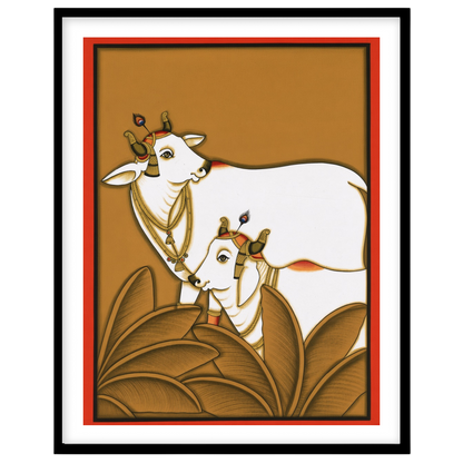This exquisite Pichwai art print features the revered Kamdhenu cows, embodying traditions of for nook