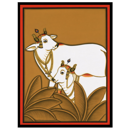 This exquisite Pichwai art print features the revered Kamdhenu cows, embodying traditions of for nook