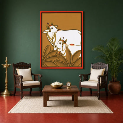 This exquisite Pichwai art print features the revered Kamdhenu cows, embodying traditions of for Sitting Area