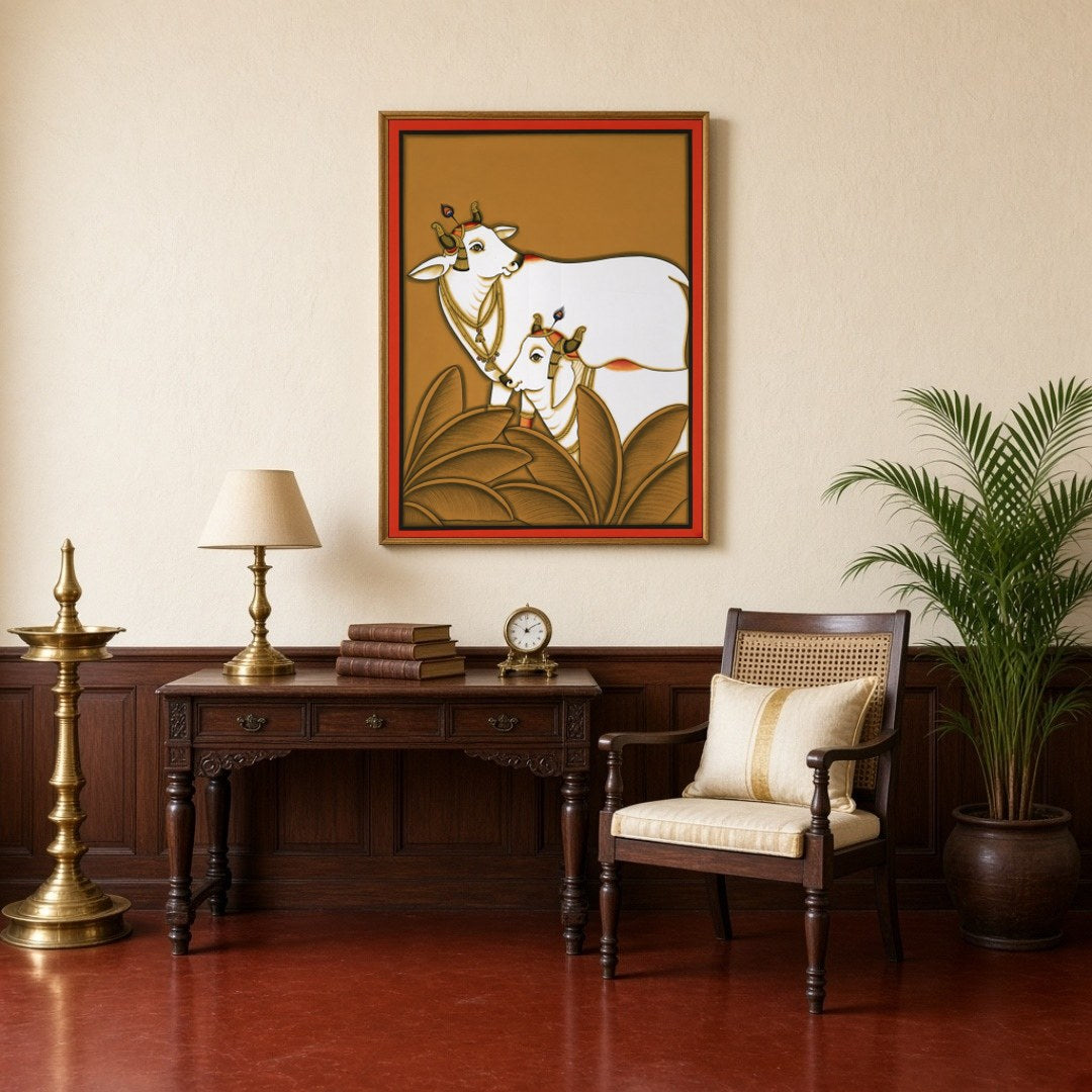 This exquisite Pichwai art print features the revered Kamdhenu cows, embodying traditions of for Study