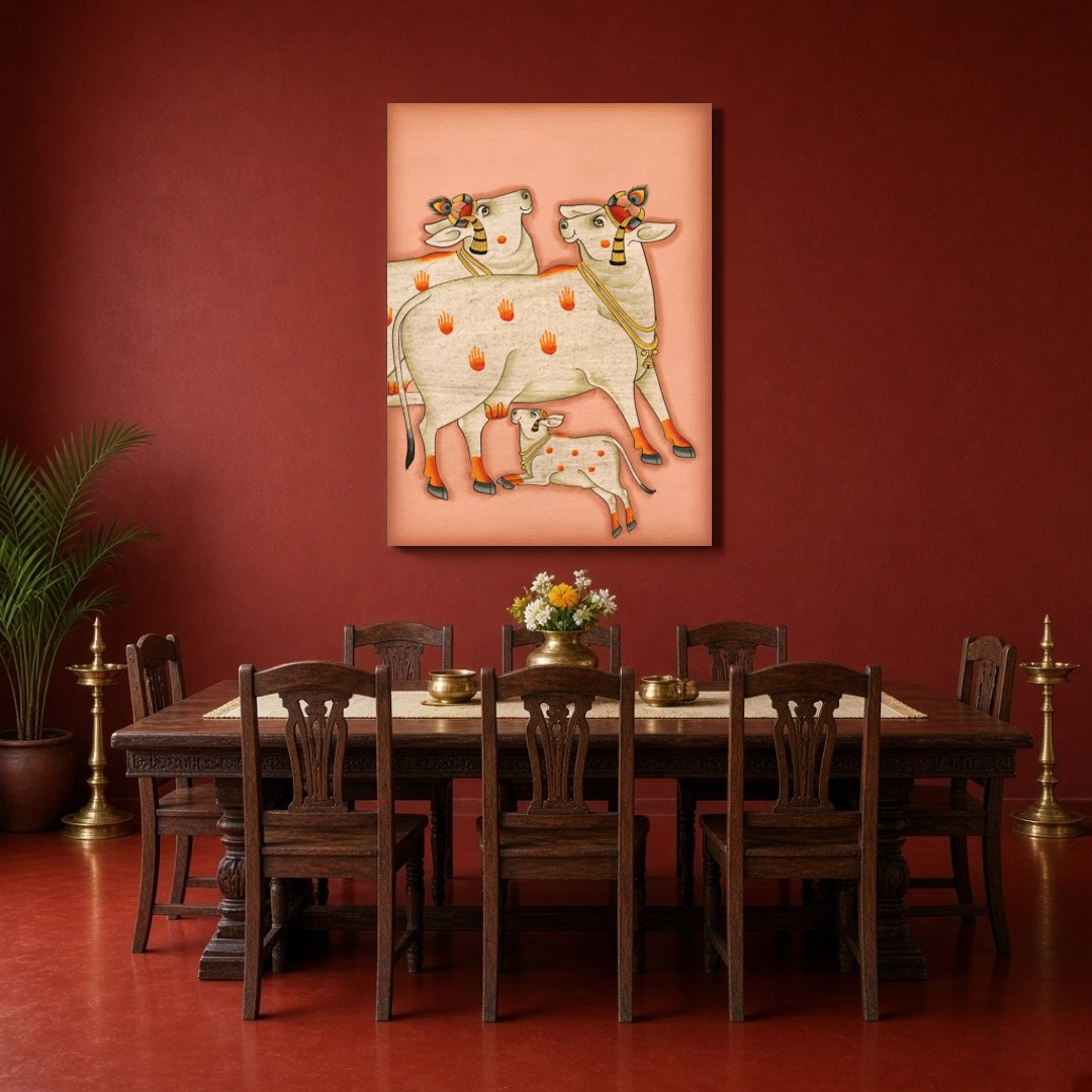 Embrace the serene beauty and spiritual energy of the 'Sacred Kamdhenu Trio' in this exquisite for Dining