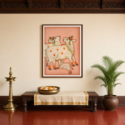 Embrace the serene beauty and spiritual energy of the 'Sacred Kamdhenu Trio' in this exquisite for Entrance