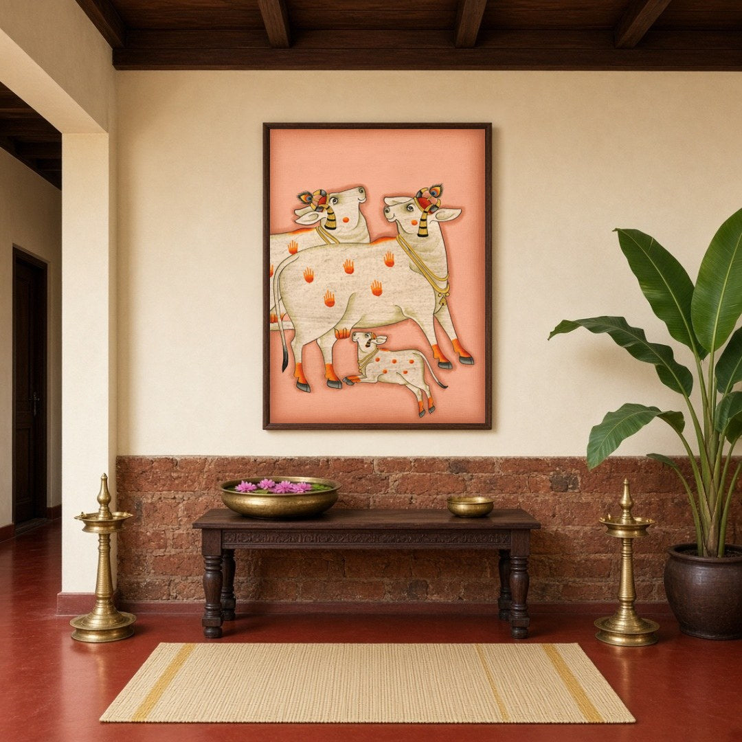 Embrace the serene beauty and spiritual energy of the 'Sacred Kamdhenu Trio' in this exquisite for Hallway