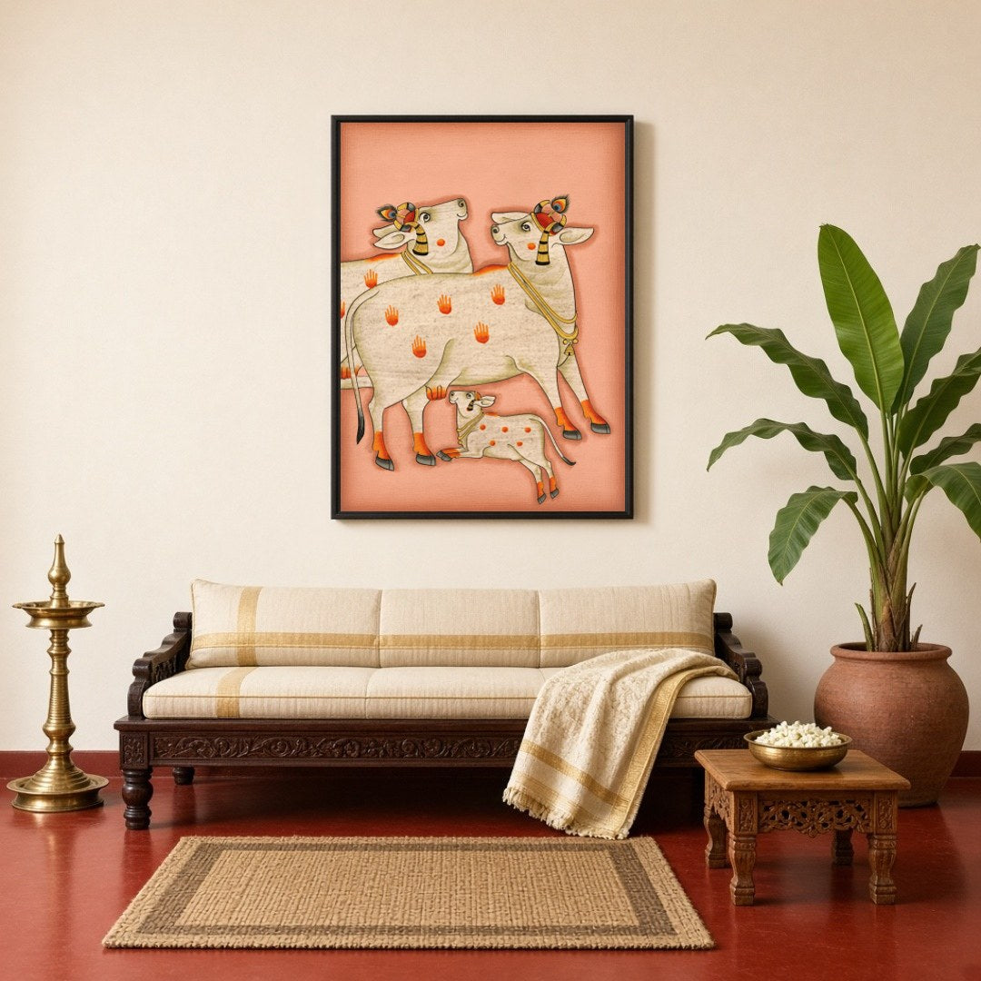 Embrace the serene beauty and spiritual energy of the 'Sacred Kamdhenu Trio' in this exquisite for Living Room