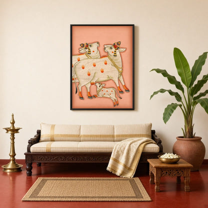 Embrace the serene beauty and spiritual energy of the 'Sacred Kamdhenu Trio' in this exquisite for Living Room