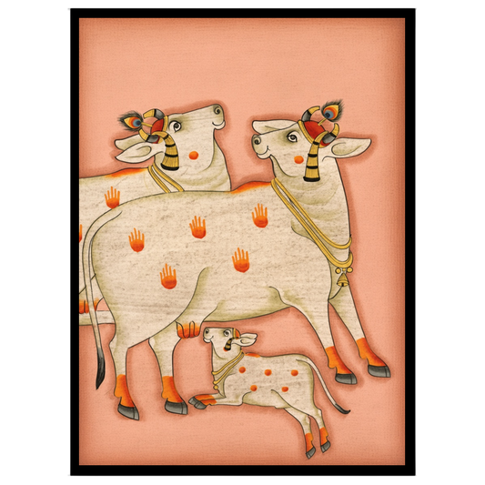Embrace the serene beauty and spiritual energy of the 'Sacred Kamdhenu Trio' in this exquisite for loft