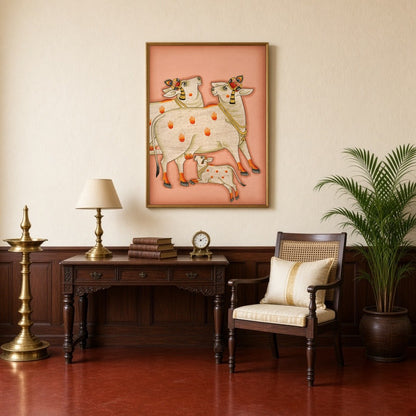 Embrace the serene beauty and spiritual energy of the 'Sacred Kamdhenu Trio' in this exquisite for Study