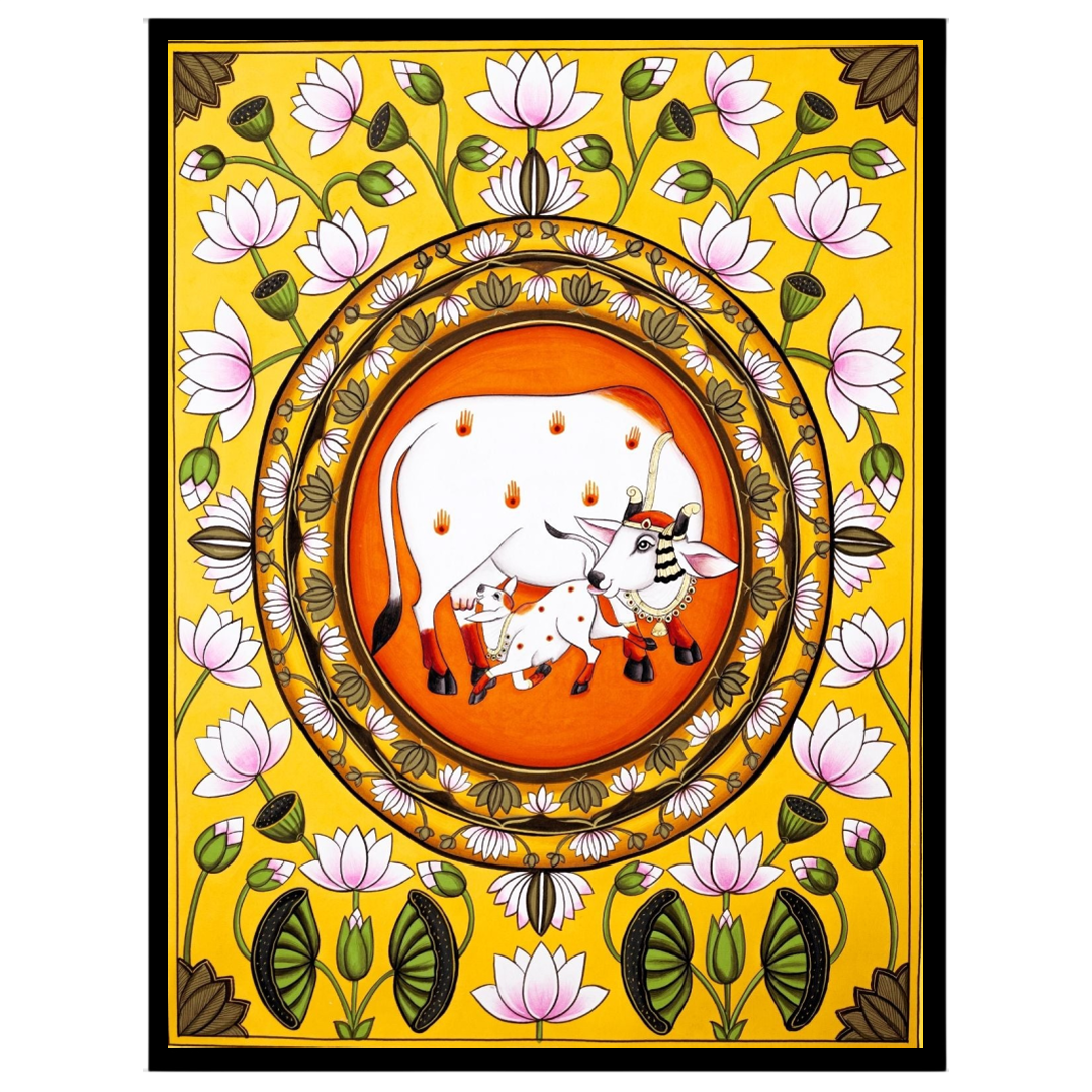 Embrace the profound serenity and blessing of the Sacred Kamdhenu with this exquisite Pichwai art for abode