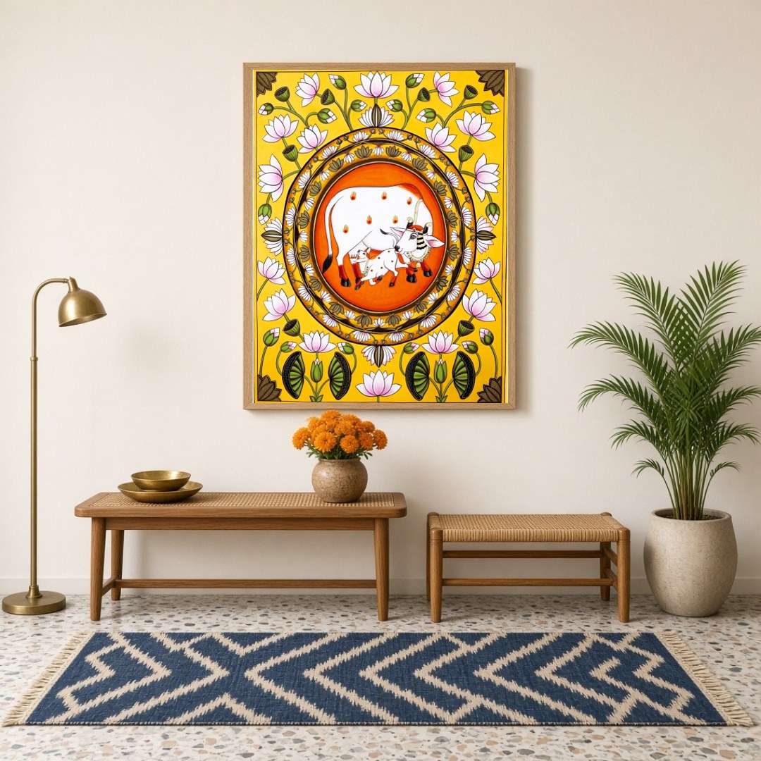 Embrace the profound serenity and blessing of the Sacred Kamdhenu with this exquisite Pichwai art for Hallway
