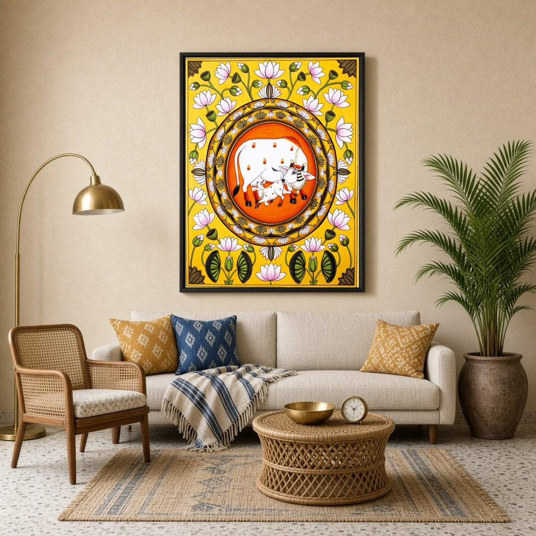 Embrace the profound serenity and blessing of the Sacred Kamdhenu with this exquisite Pichwai art for Living Room