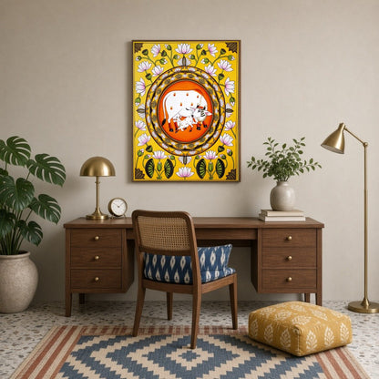 Embrace the profound serenity and blessing of the Sacred Kamdhenu with this exquisite Pichwai art for Study
