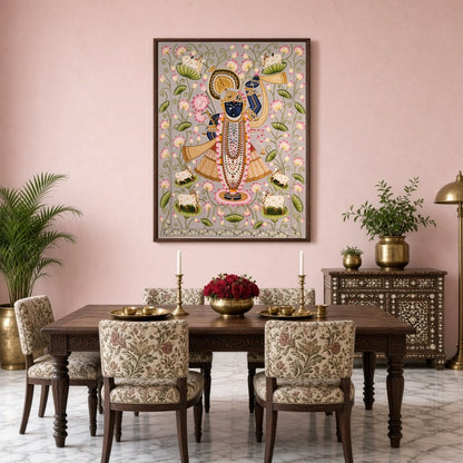 Immerse yourself in the divine serenity of this Pichwai artwork, showcasing Lord Krishna adorned for Dining